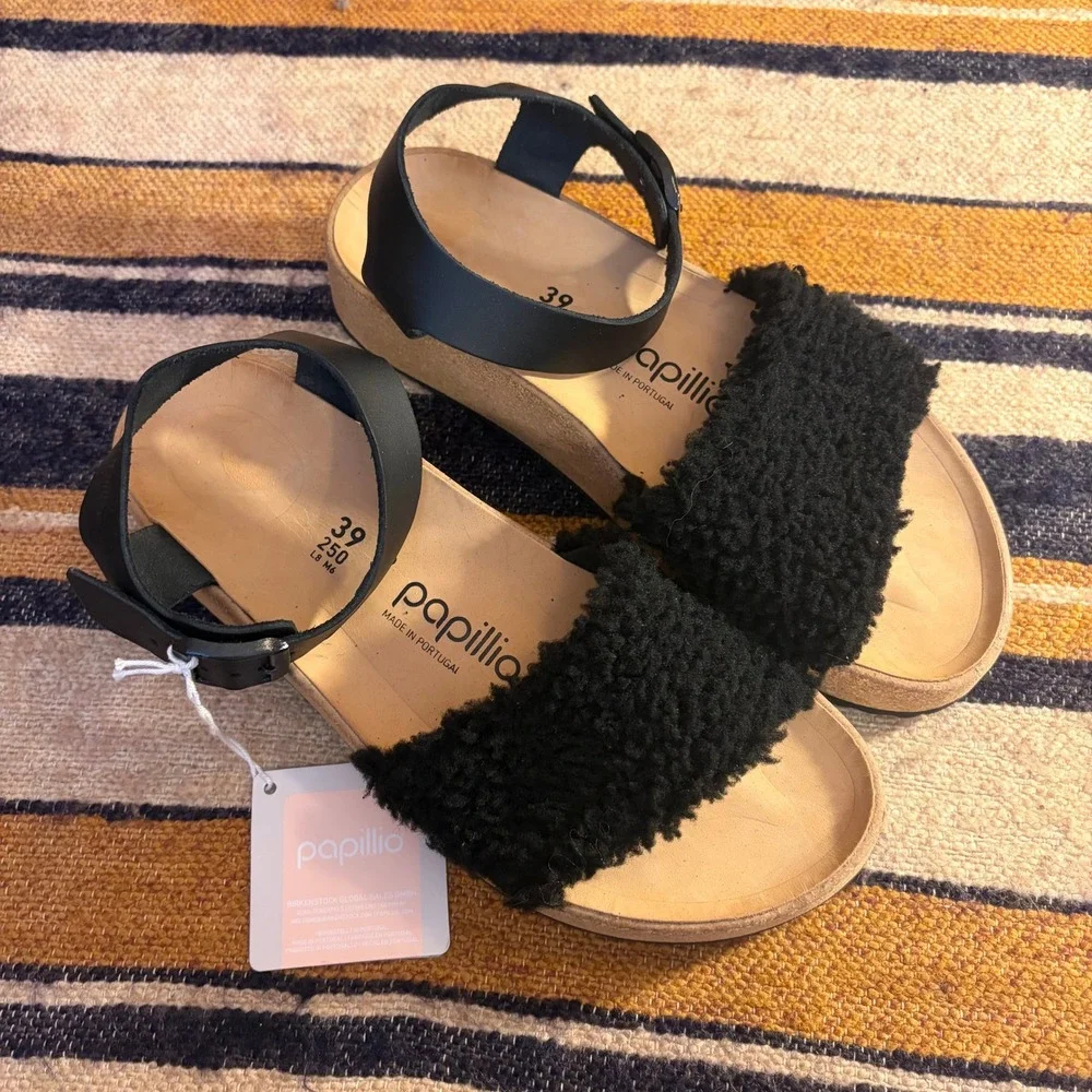 Papillio Birkenstock Glenda Wedge Sandal 39 Black Shearling Teddy Strap Platform